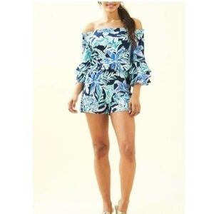 Lilly Pulitzer Calla Ruffle High Tide Romper Off shoulder Tropical Resortwear